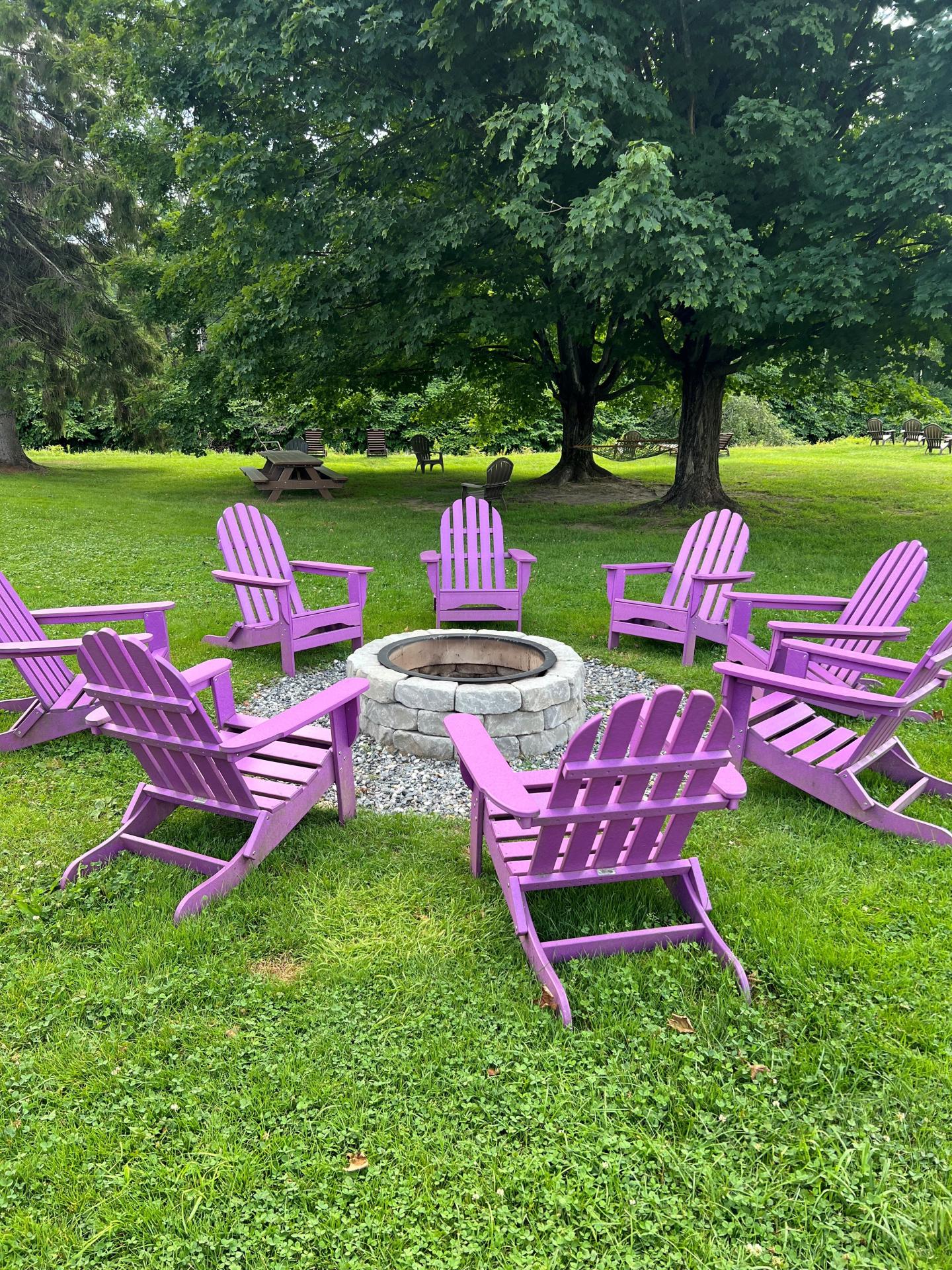 Purple Adirondack chairs encircle a fire pit on green grass, with trees in the background.