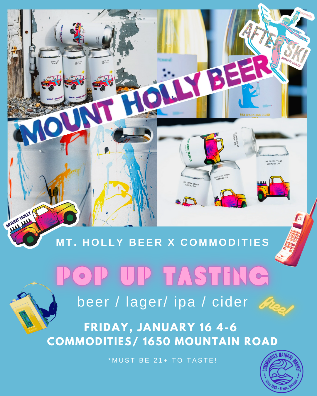 Colorful beer cans with abstract designs on a blue background.