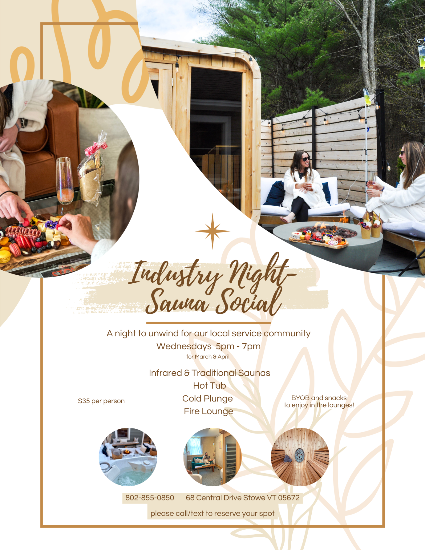 Spa setting with a wooden sauna cabin, seating area, and refreshments on a tray.