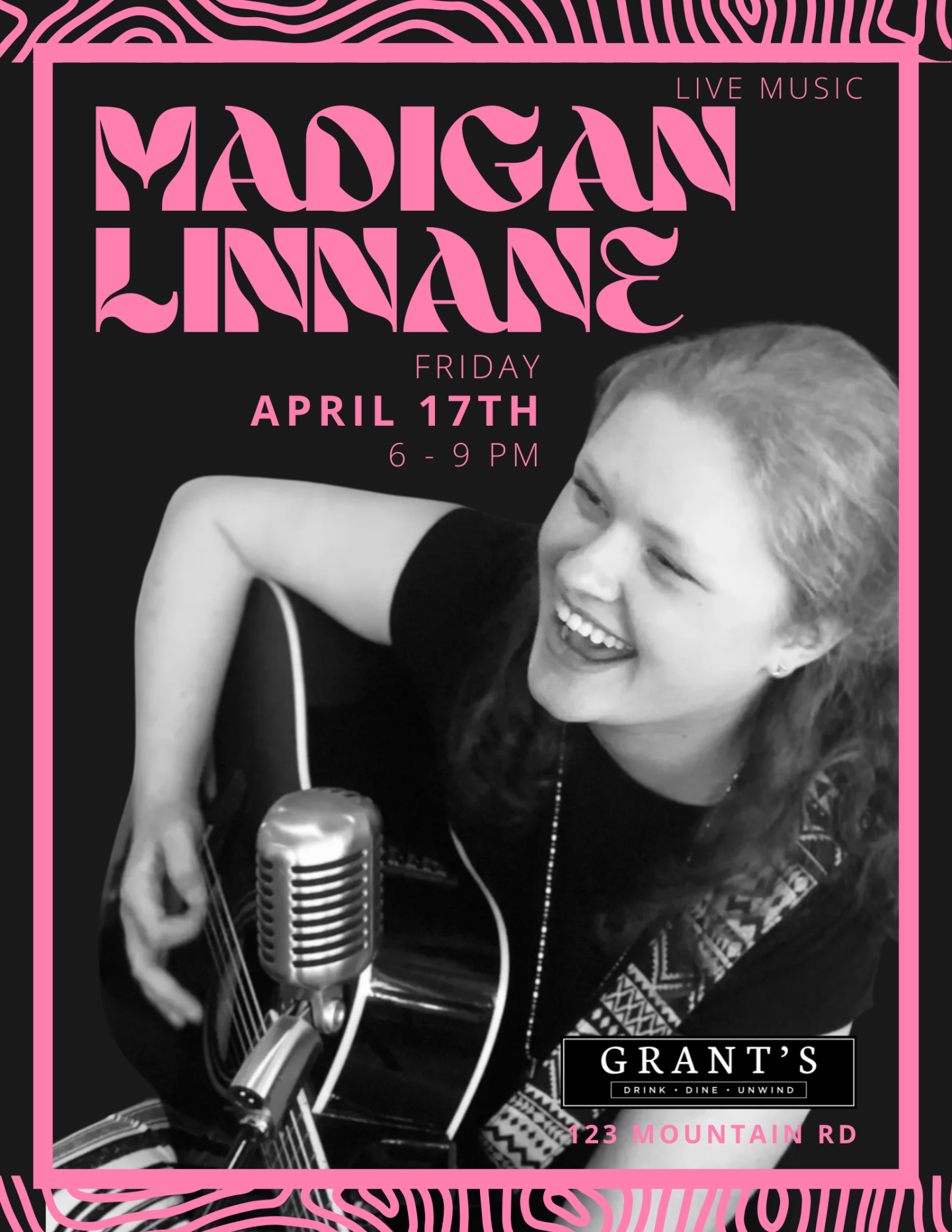 Smiling person playing guitar, vintage microphone nearby, graphic text overlay.