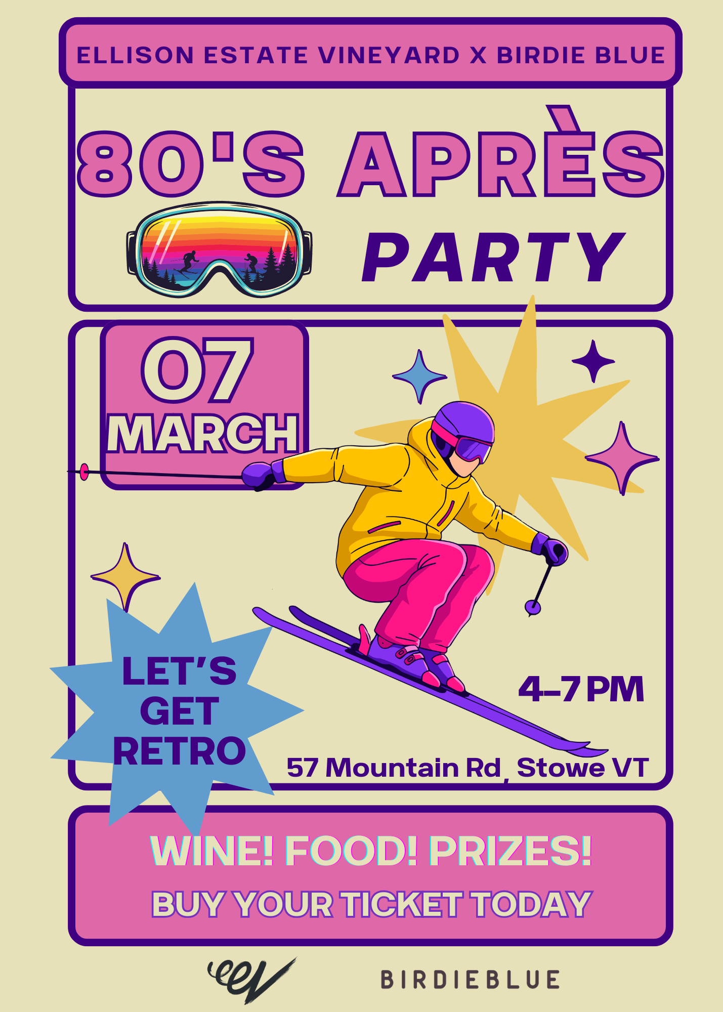 80s-themed party poster featuring a retro skier and event details.