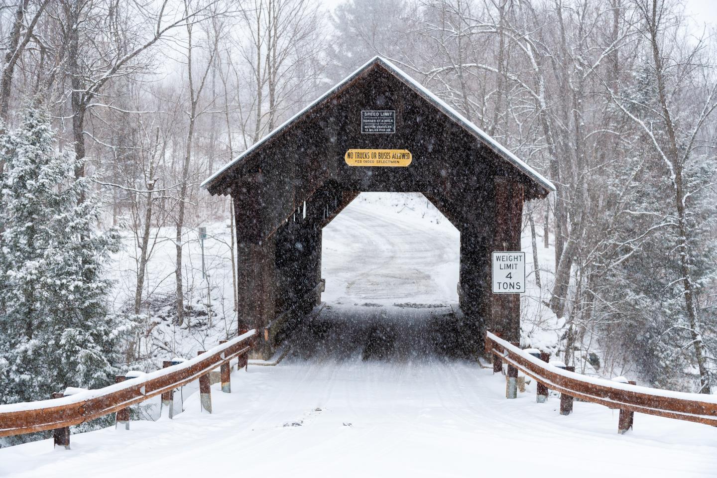 Snowy covered bridge in a winter landscape, surrounded by bare trees.