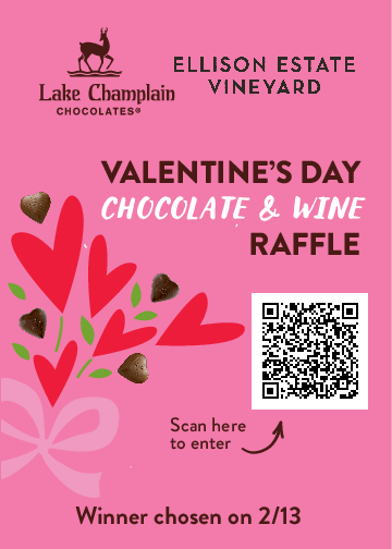 Valentine's Day raffle poster with hearts and QR code.