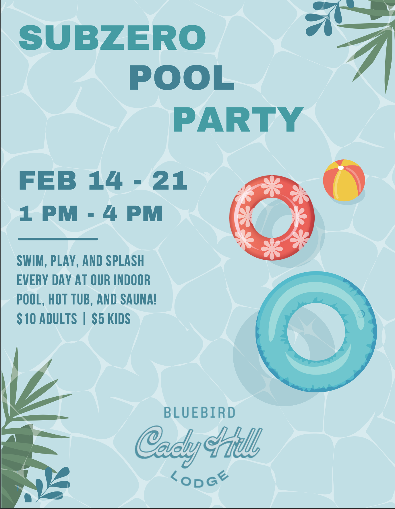 Subzero pool party flyer with decorative lifesavers and beach ball graphics.