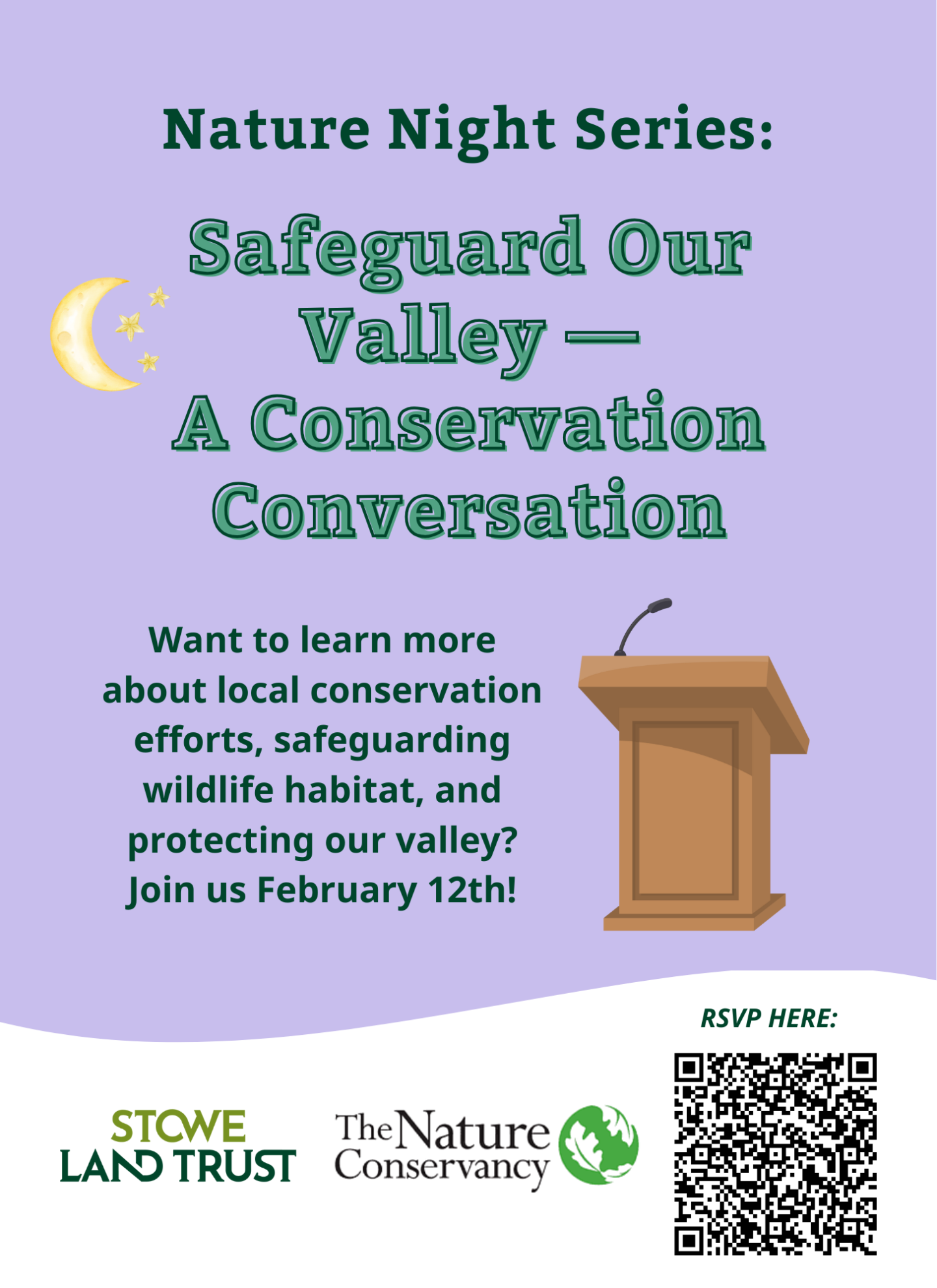 Nature Night Series flyer with moon, podium, and QR code.