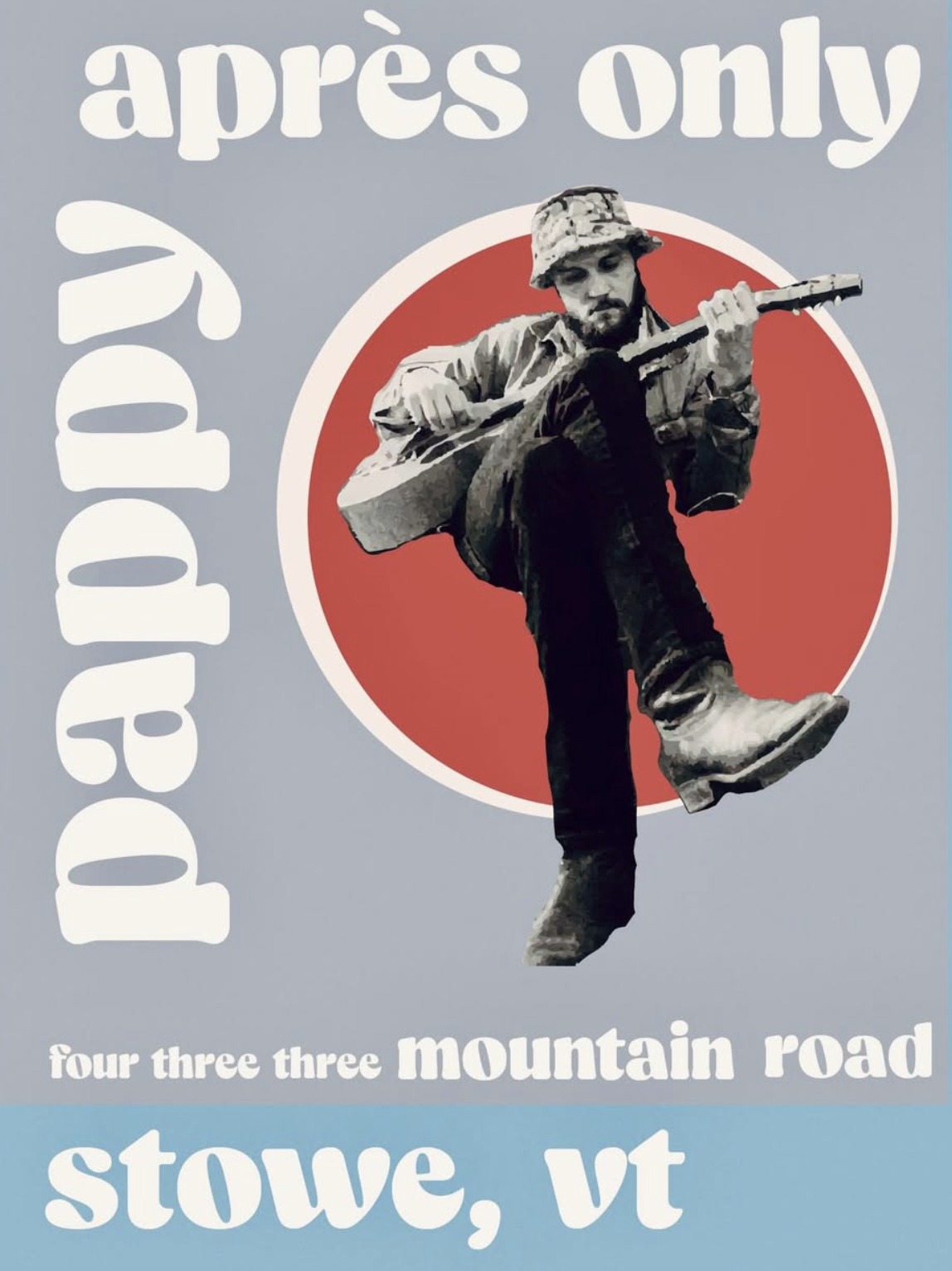 Black-and-white man playing guitar in vintage design with stylized text.