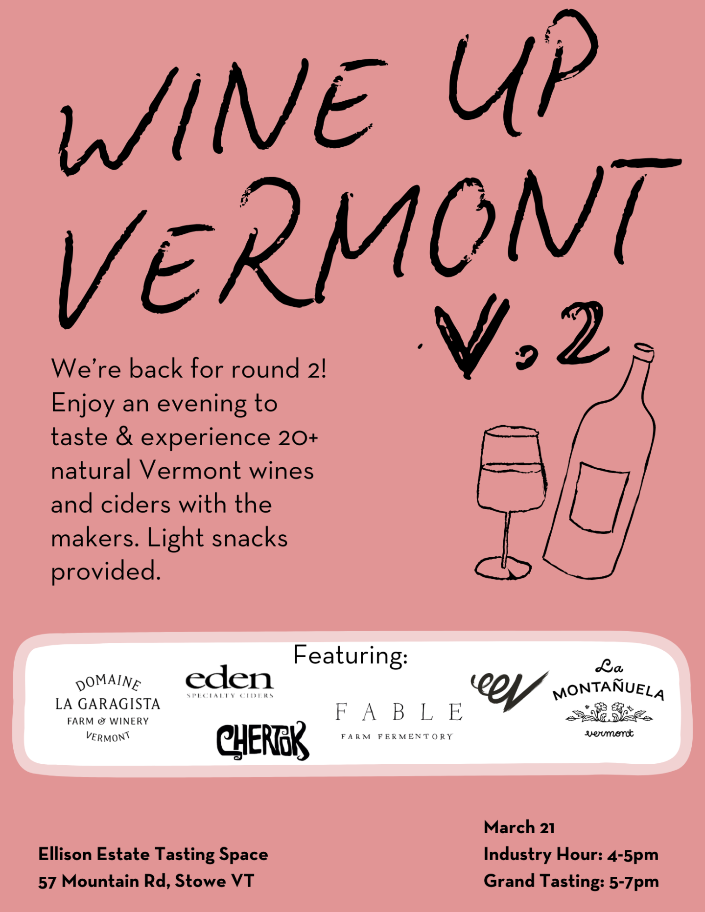 Pink event flyer with wine glass and bottle illustrations. Various logos are displayed.