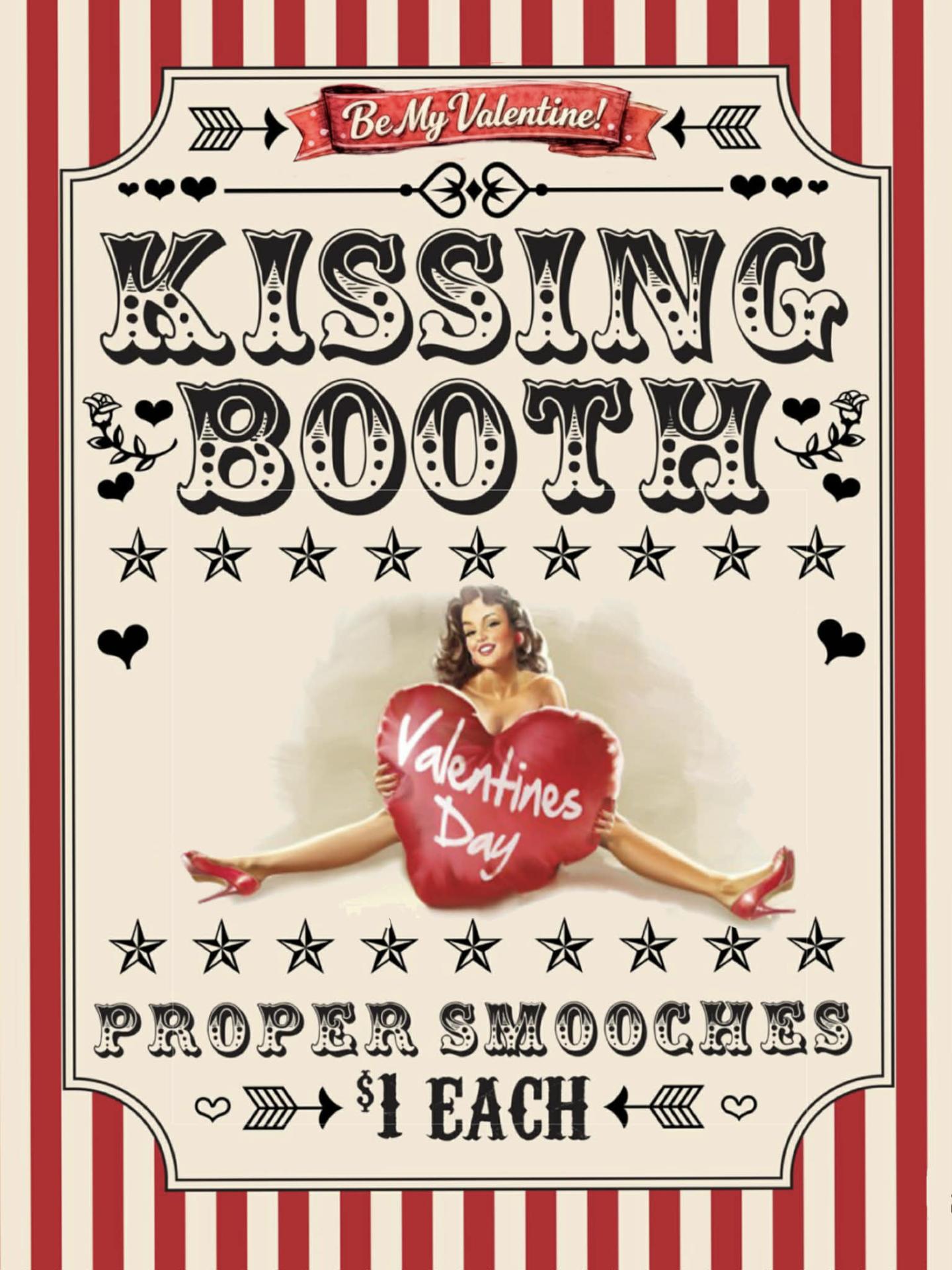 Vintage-style Valentine’s Day kissing booth poster with stripes and red heart.