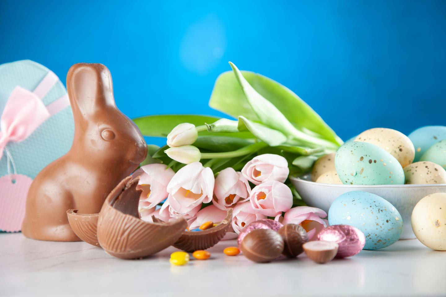 Chocolate bunny, tulips, colored eggs, and candies on a bright blue background.