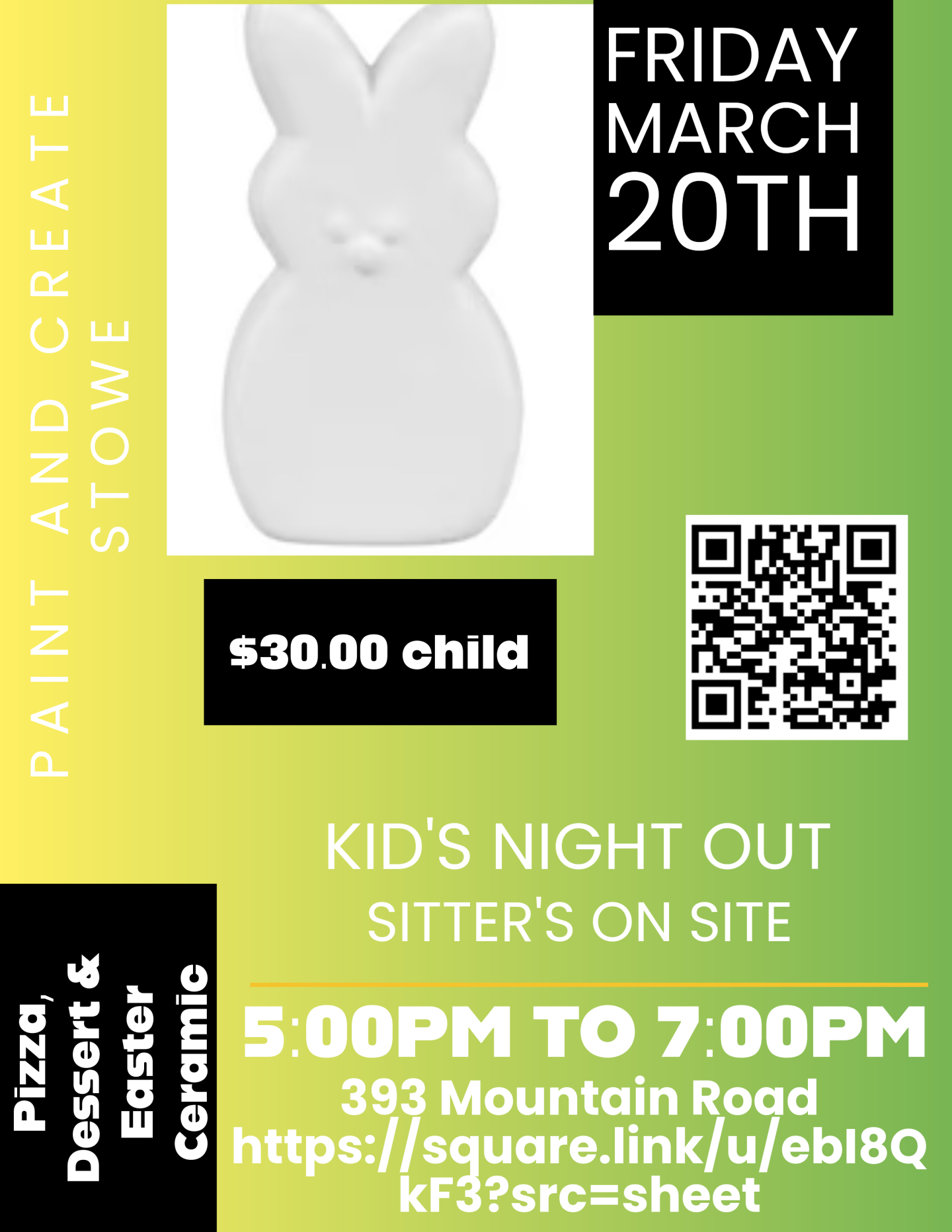 Craft event flyer featuring a bunny ceramic and event details.