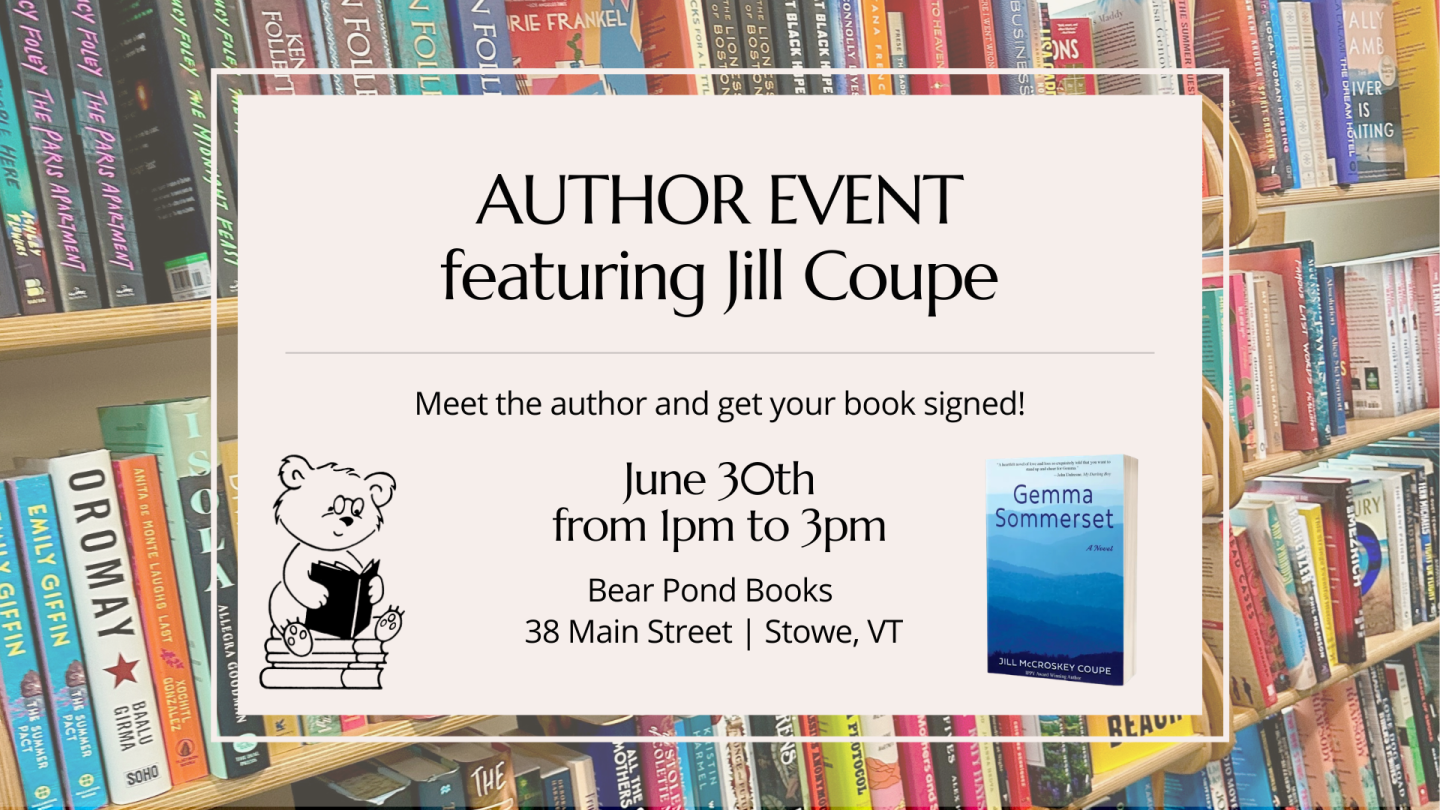 Author event flyer on a bookshelf background.