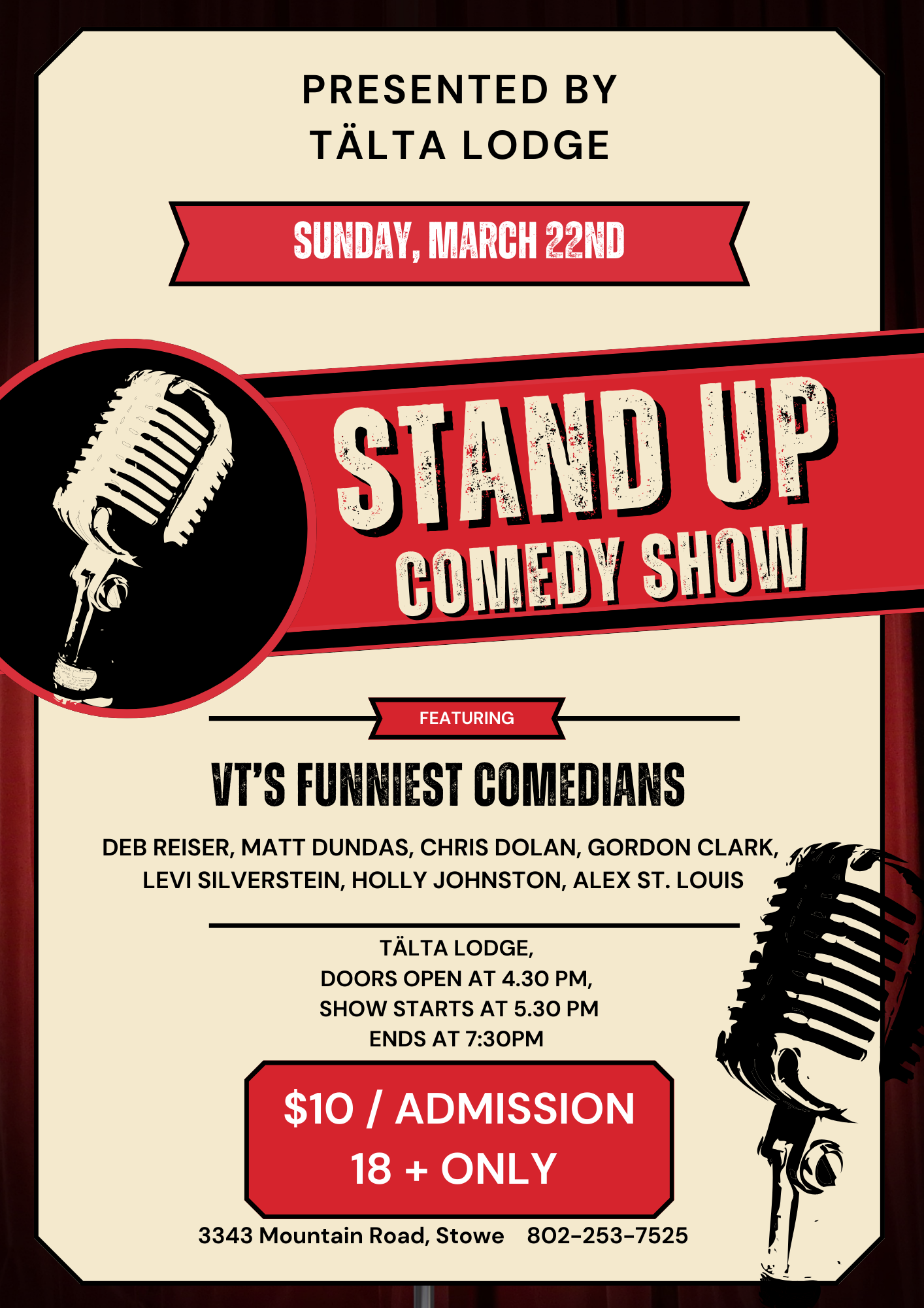 Stand-up comedy show flyer with vintage microphone graphics.