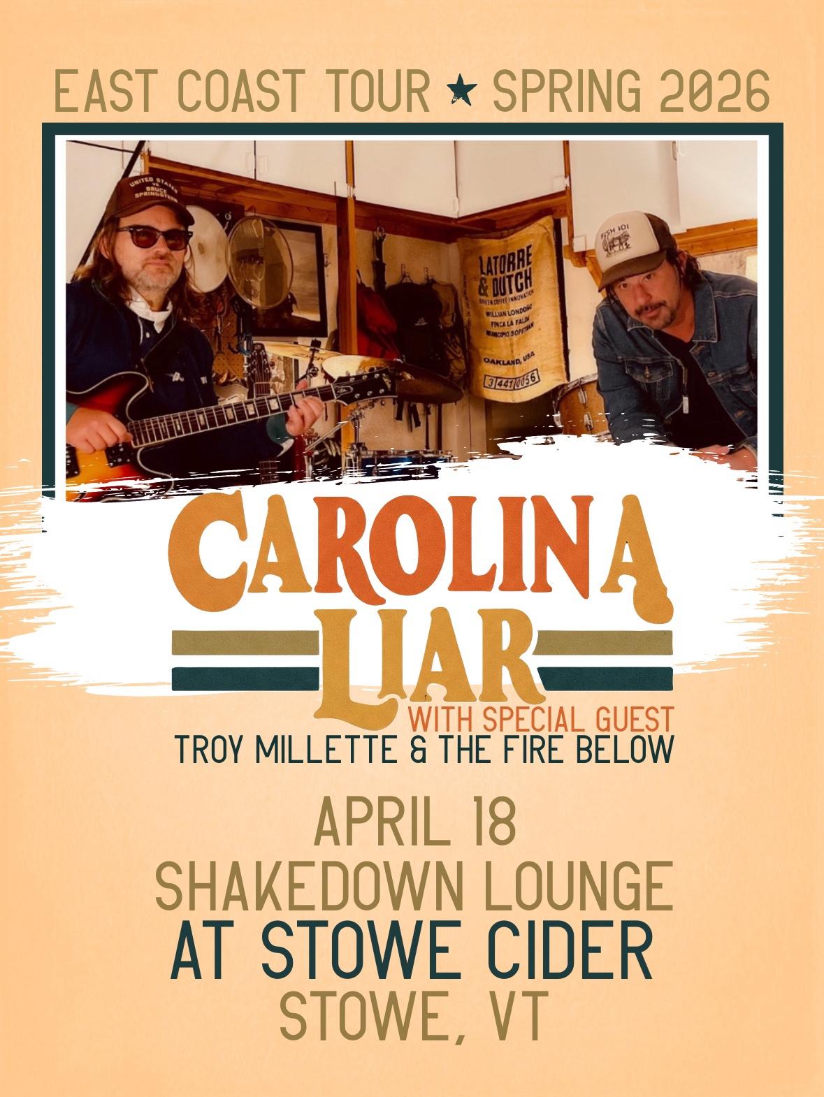 Concert poster with musicians in a studio and event details for Carolina Liar.