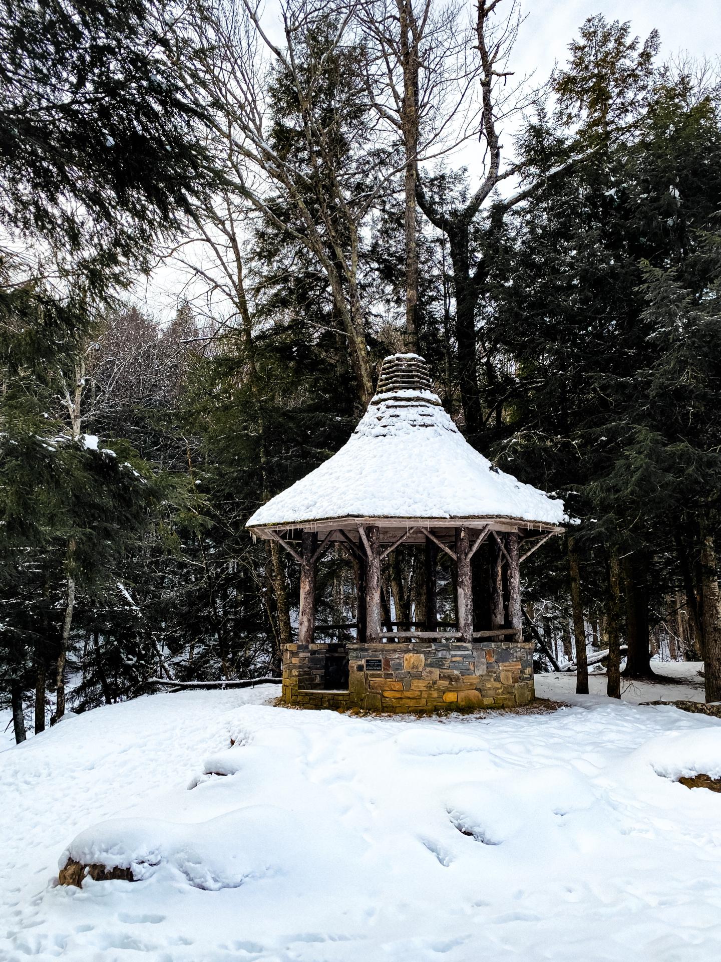 Snow-covered gazebo surrounded by trees in a winter forest.