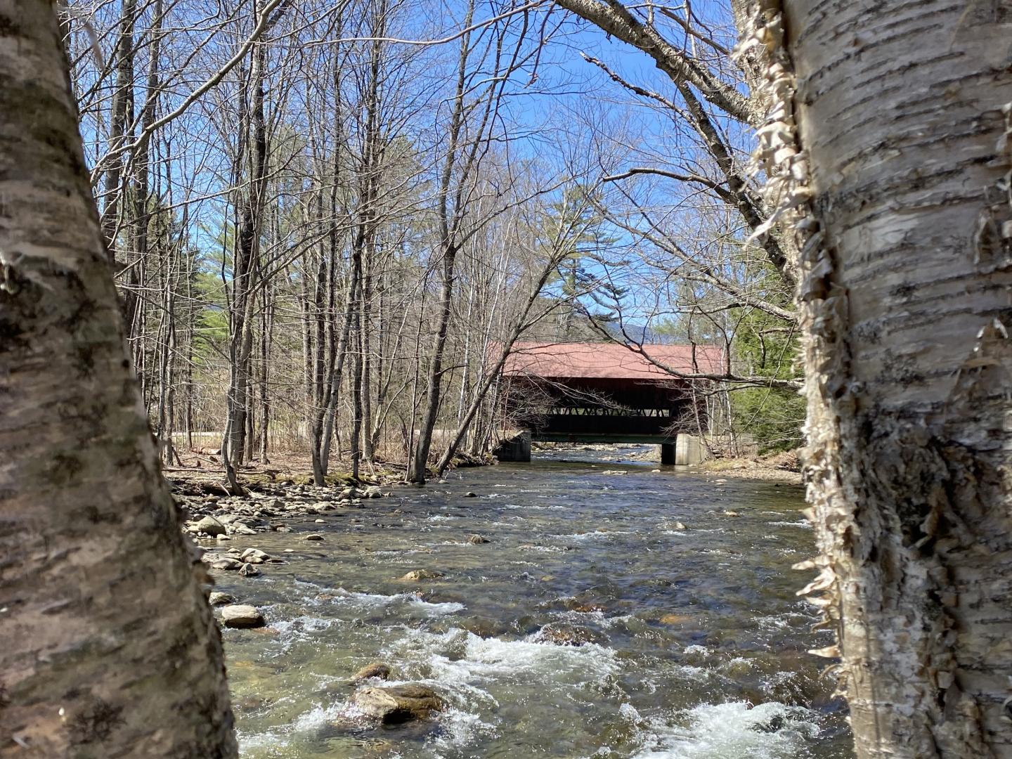 River flowing under a red covered bridge, framed by trees.
