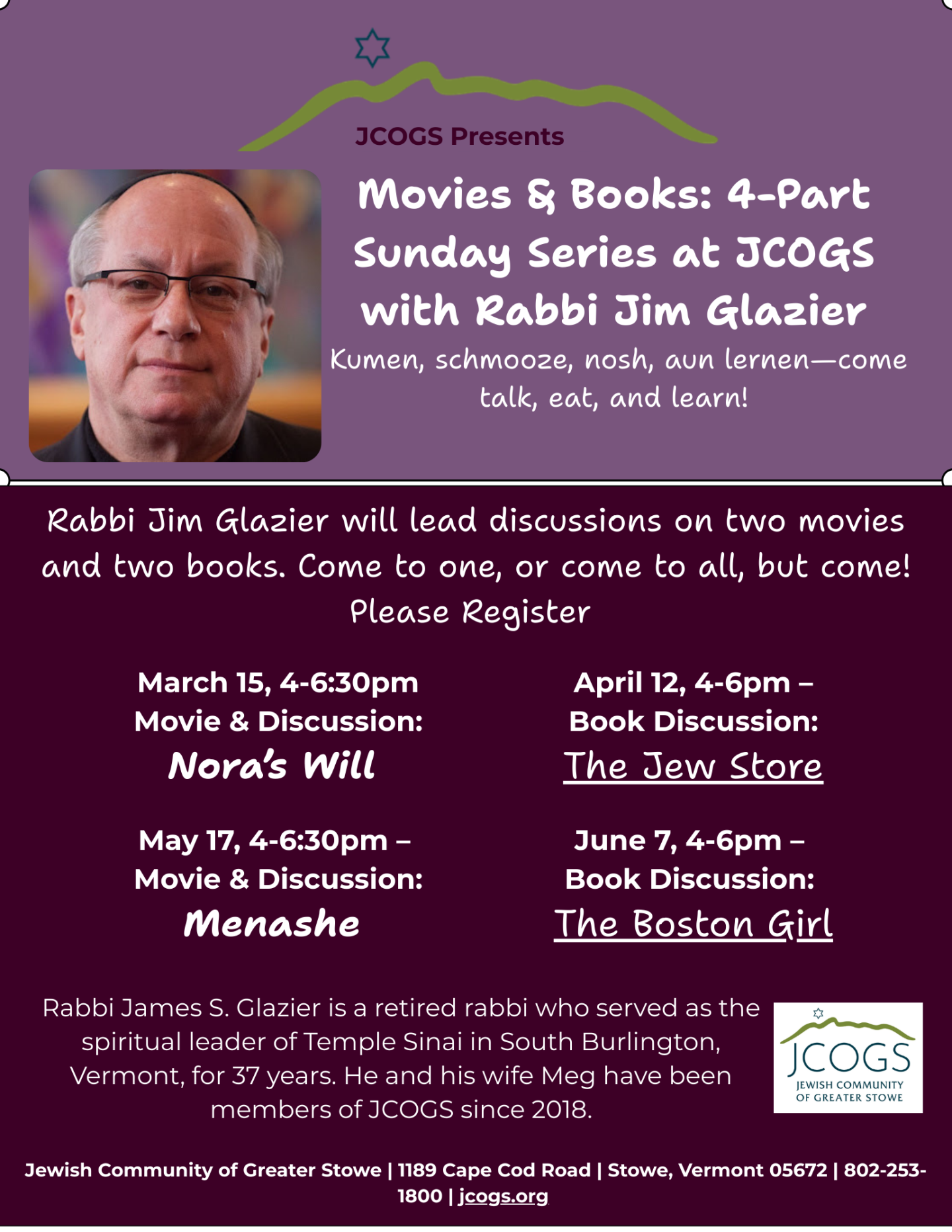 Movies and Books discussion series poster with Rabbi Jim Glazier.