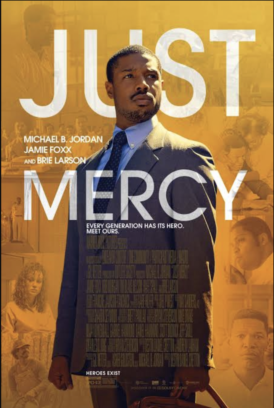 Film poster for "Just Mercy" with a man in a suit against a collage of faces.