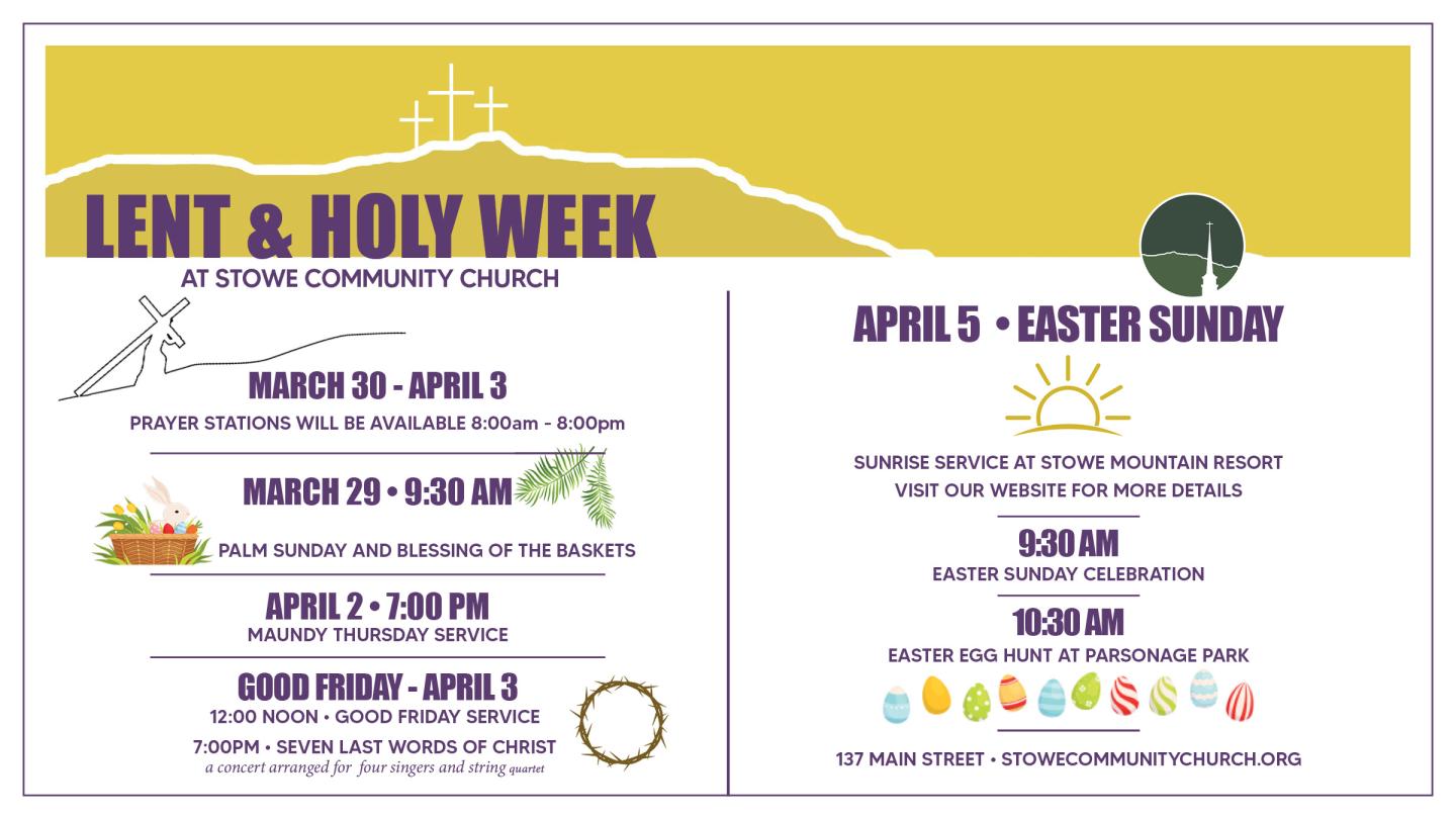 Lent and Holy Week schedule flyer with purple and yellow design.