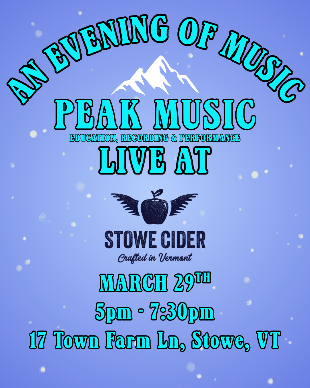 An event flyer with live music details at Stowe Cider, blue background.