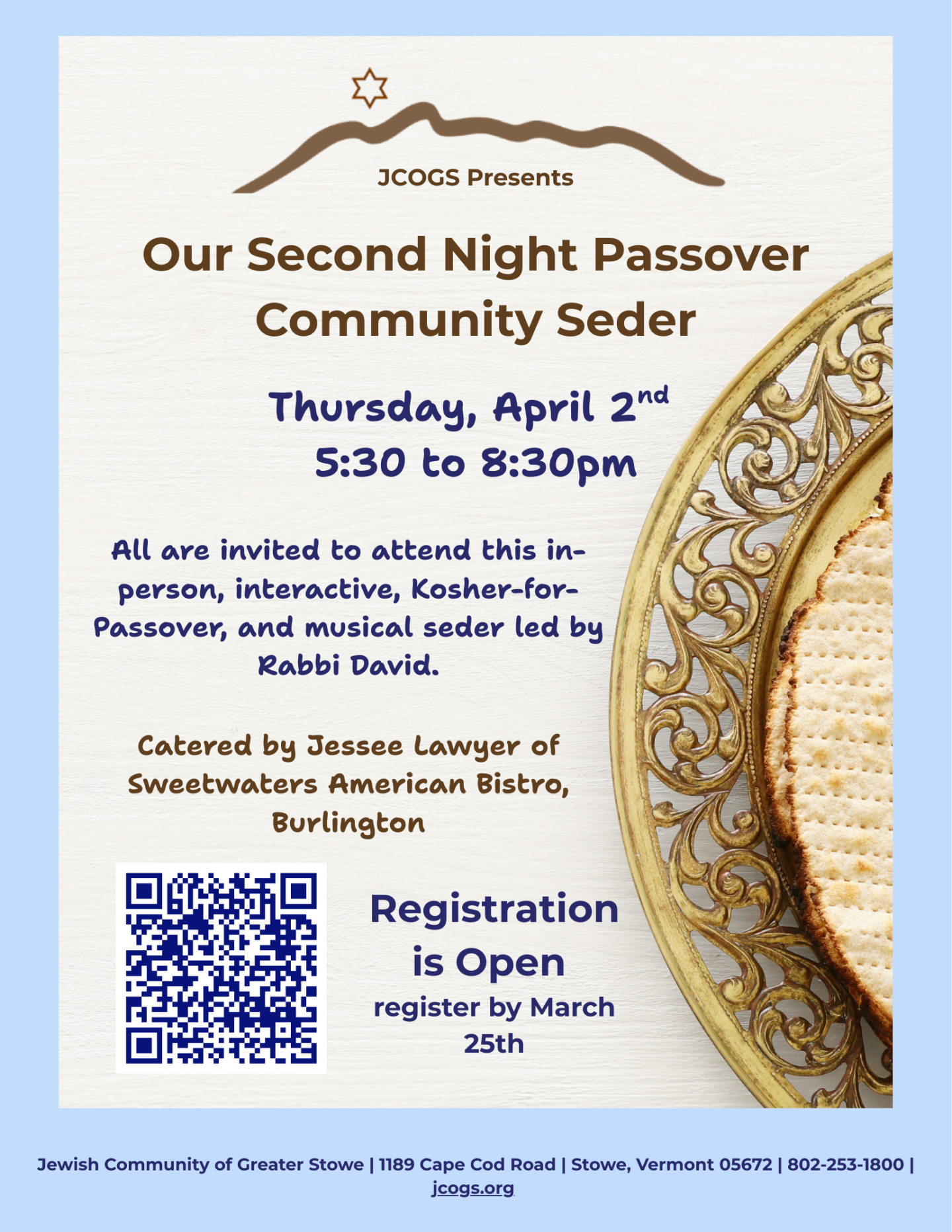 Passover Seder event invitation with a Passover plate on the side.