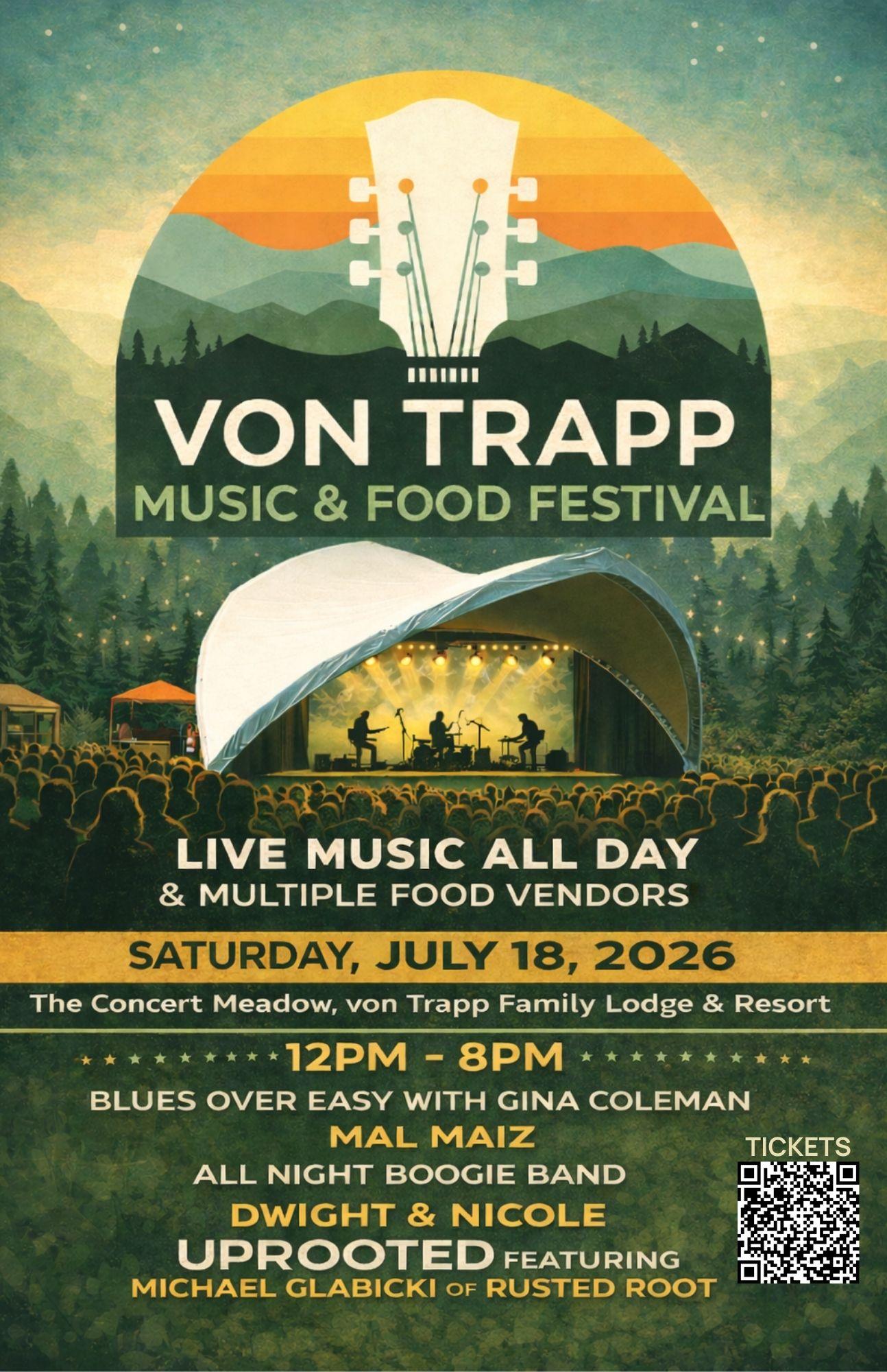 Von Trapp Music & Food Festival poster with stage and mountains.