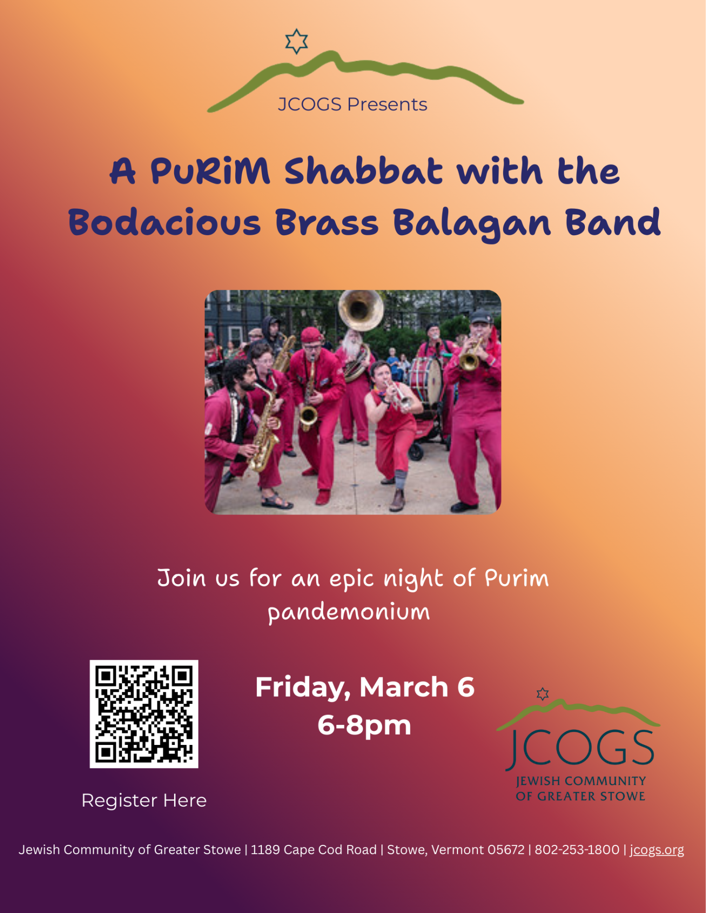 Purim event poster with a brass band photo, JCOGS logo, and event details.