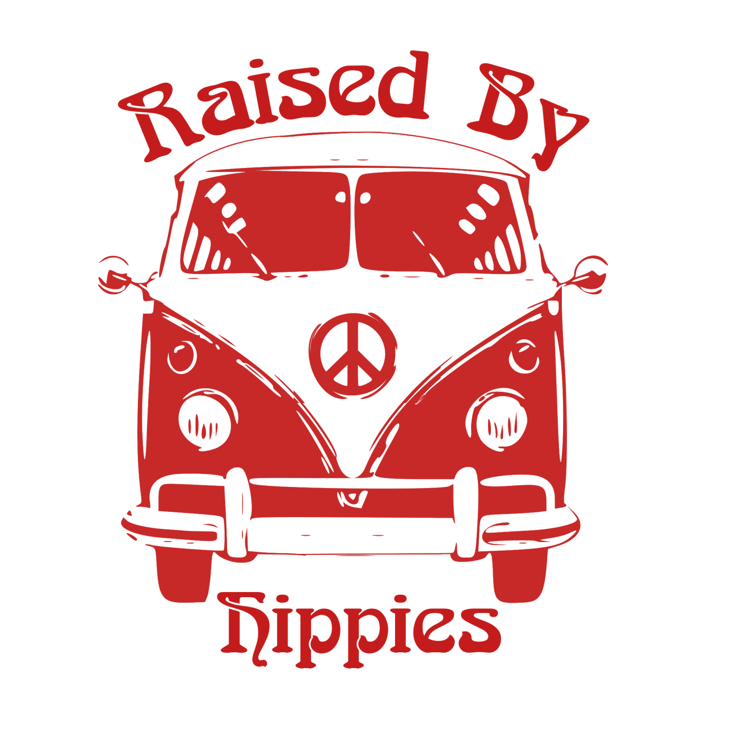 Red graphic of a vintage van with a peace symbol.