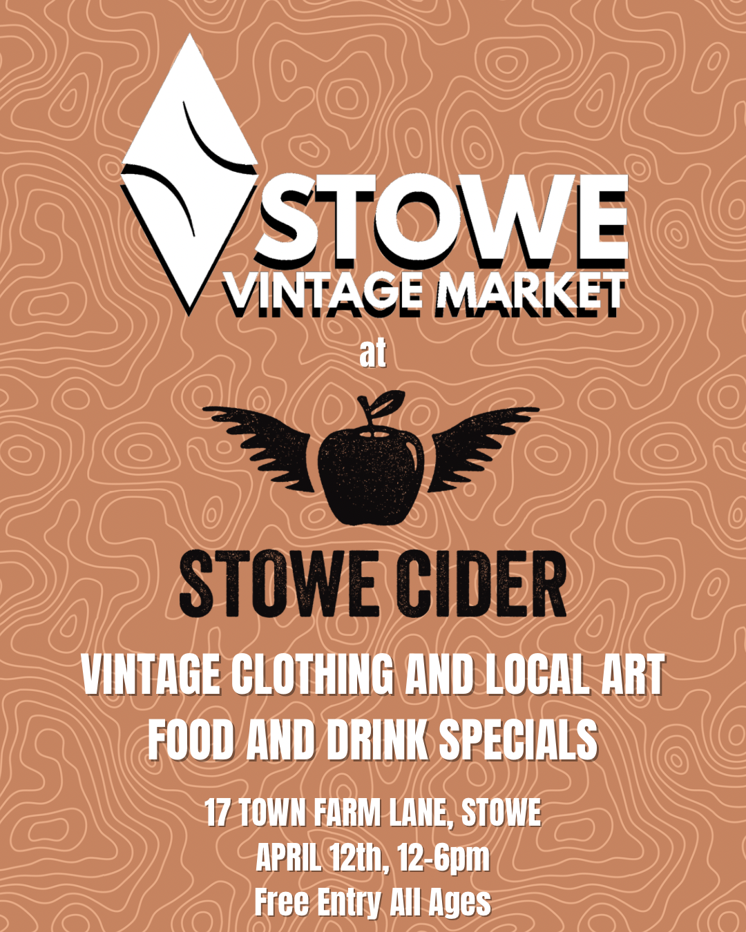 Stowe Vintage Market logo with apple and wings design.