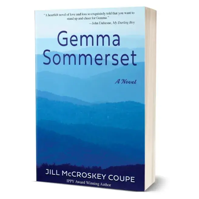 Book cover: "Gemma Sommerset" by Jill McCroskey Coupe, blue mountains in the background.