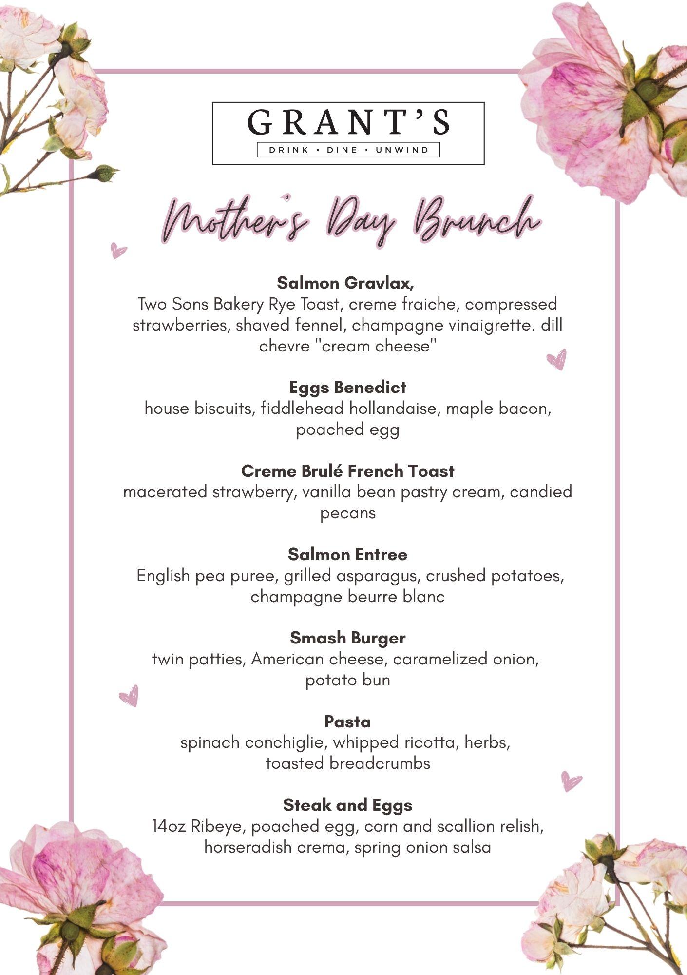 Mother's Day brunch menu with floral border and pink flowers.