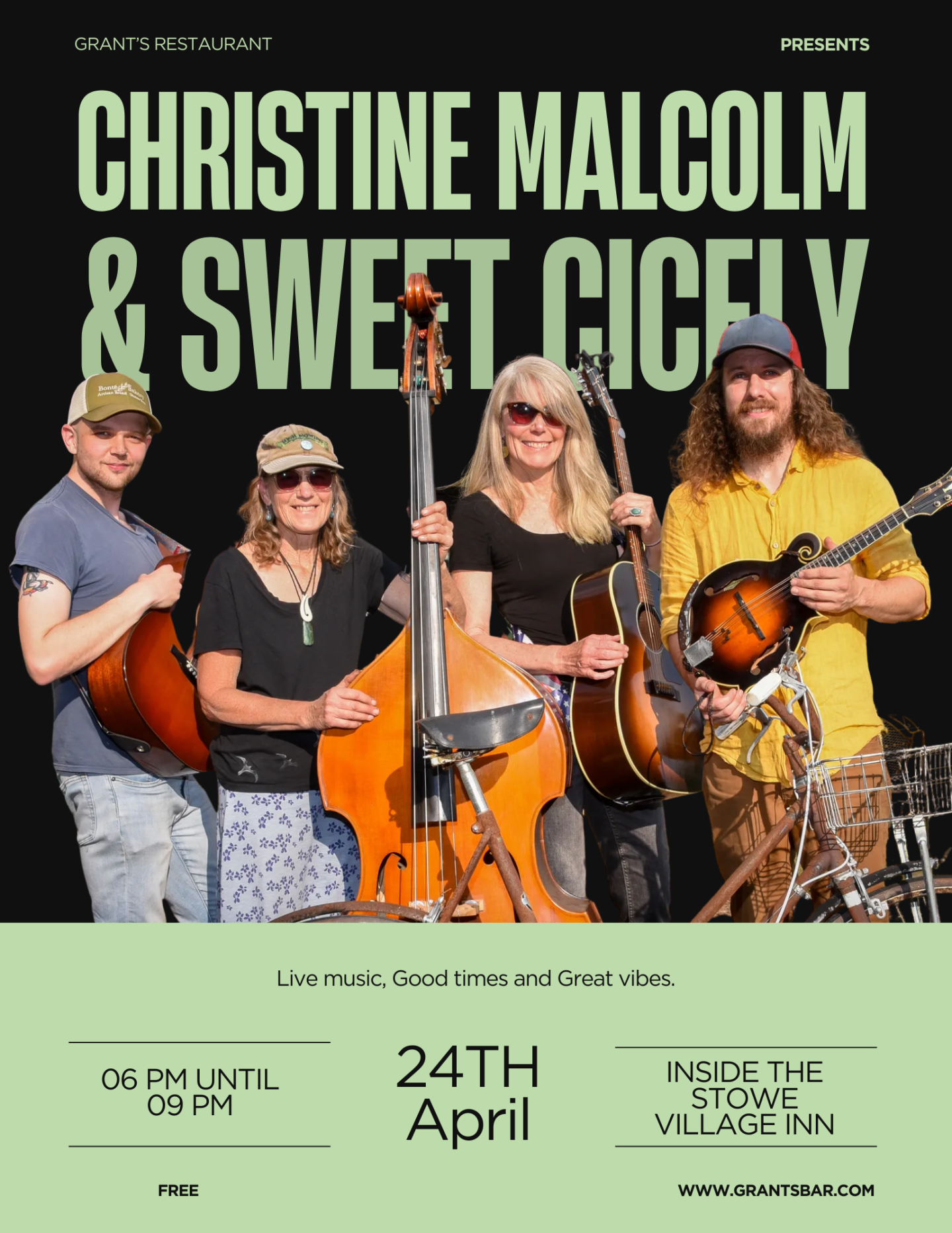 Four band members with instruments, promoting an April live music event.