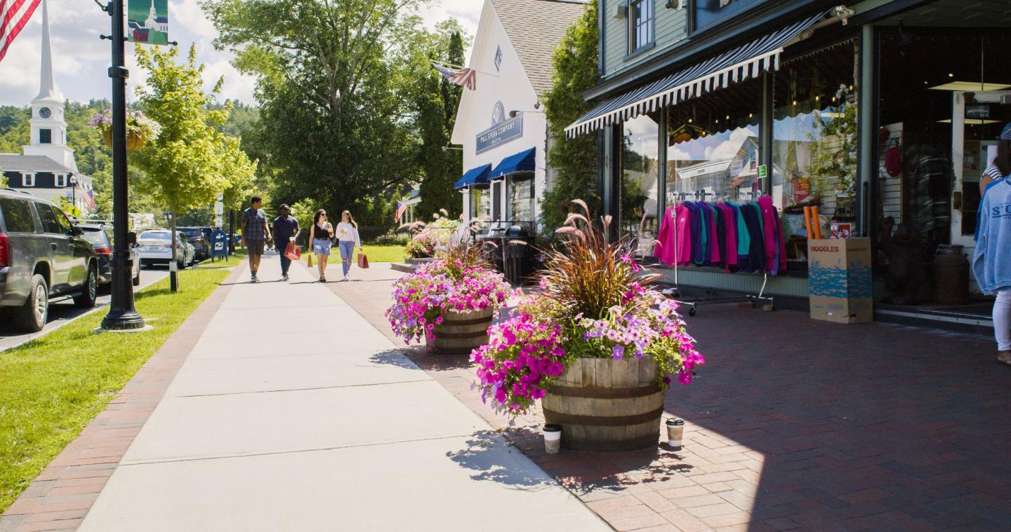 Sunny sidewalk with flowers and a clothing store. People walking in the distance.