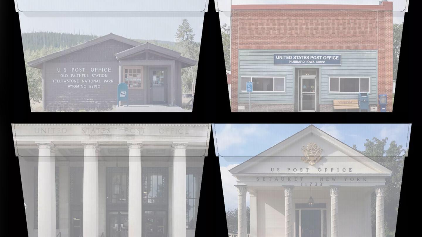 Four U.S. post office buildings in varying architectural styles.