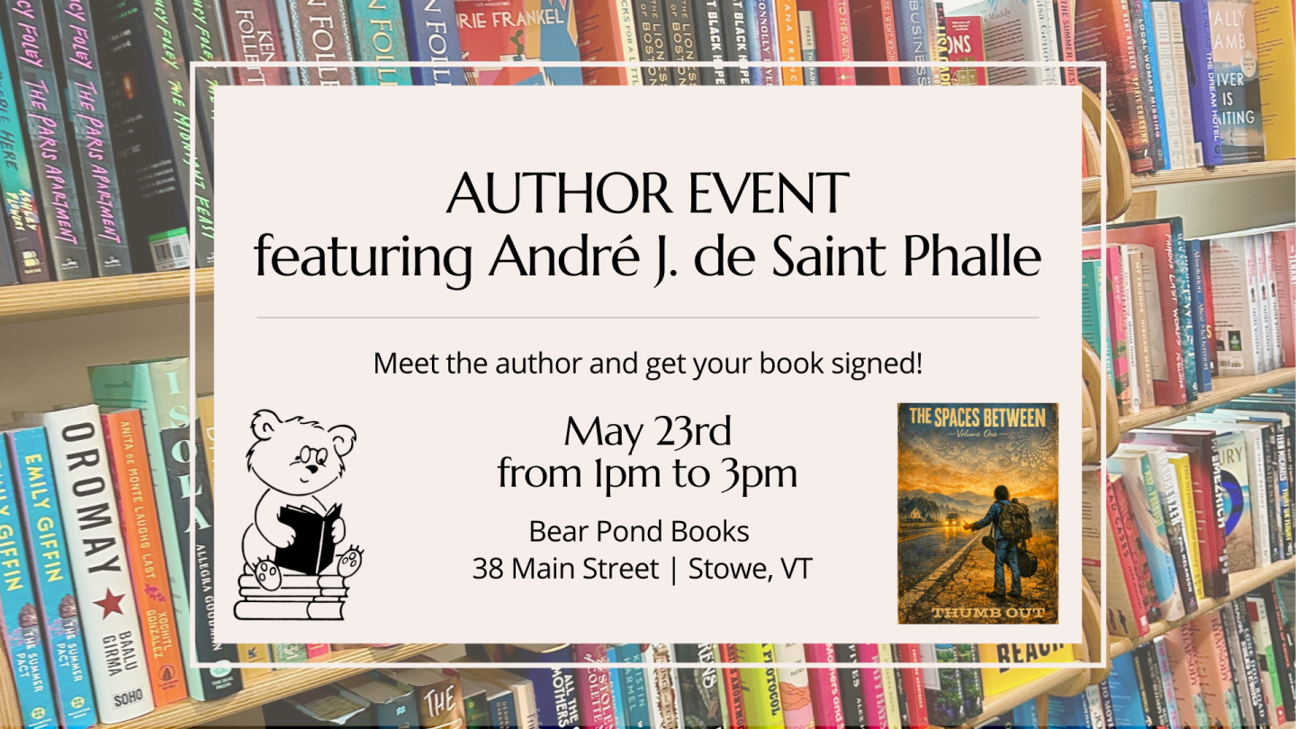 Author event poster on bookshelf background.