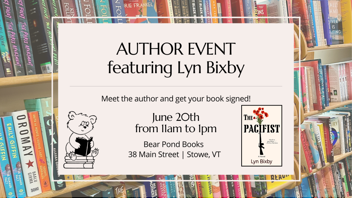 Author event poster with bookshelves in the background.