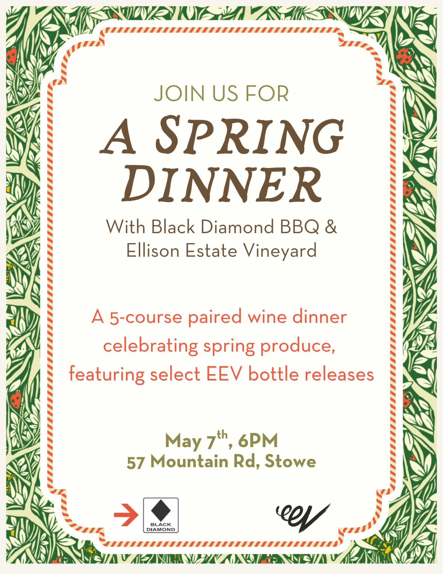 Spring dinner invitation with floral border, event details centered.
