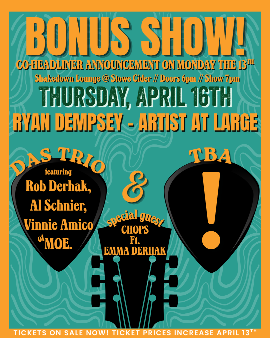 Event poster with teal background and orange text, featuring a guitar graphic.