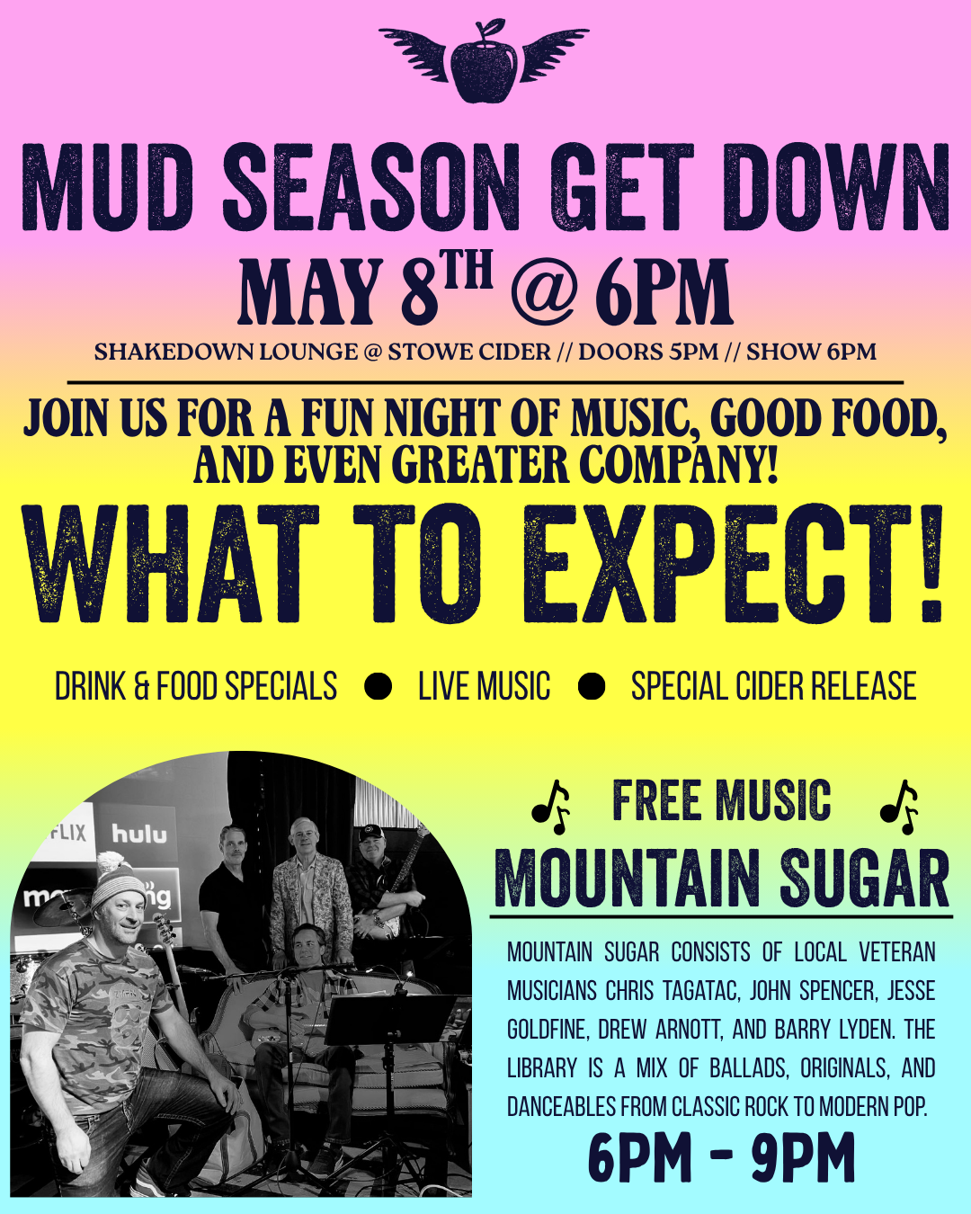 Colorful event flyer featuring musicians, event details for May 8th, 6 PM to 9 PM.