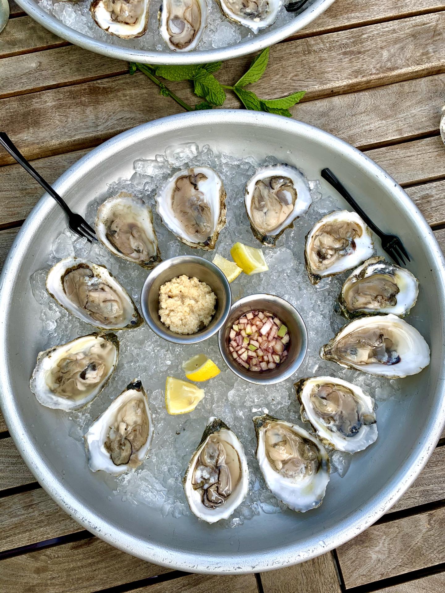 Plate of fresh oysters on ice with lemon wedges and condiments.