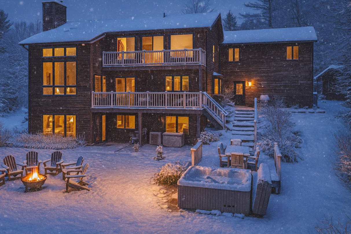 Snowy cabin with warm lights, firepit, and hot tub in a winter setting.