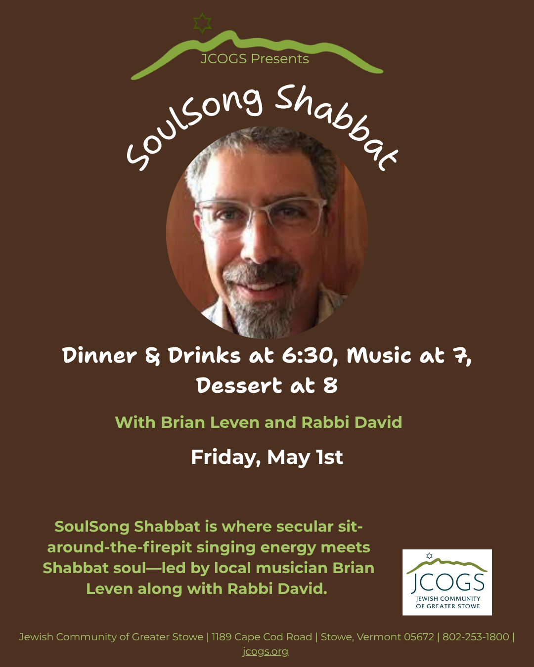 SoulSong Shabbat event poster with a man's photo, brown background.