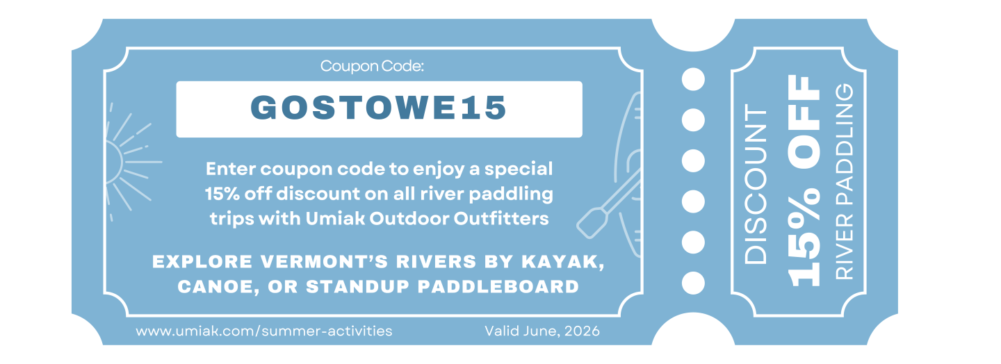 Blue discount coupon offering 15% off river paddling with Umiak Outdoor outfitters in the month of June