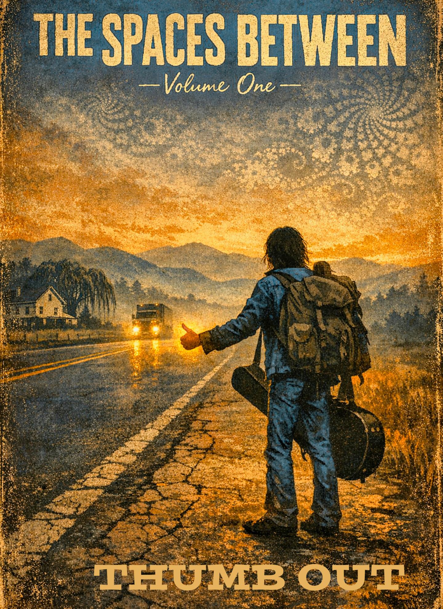 Person hitchhiking with guitar on deserted road at sunset.