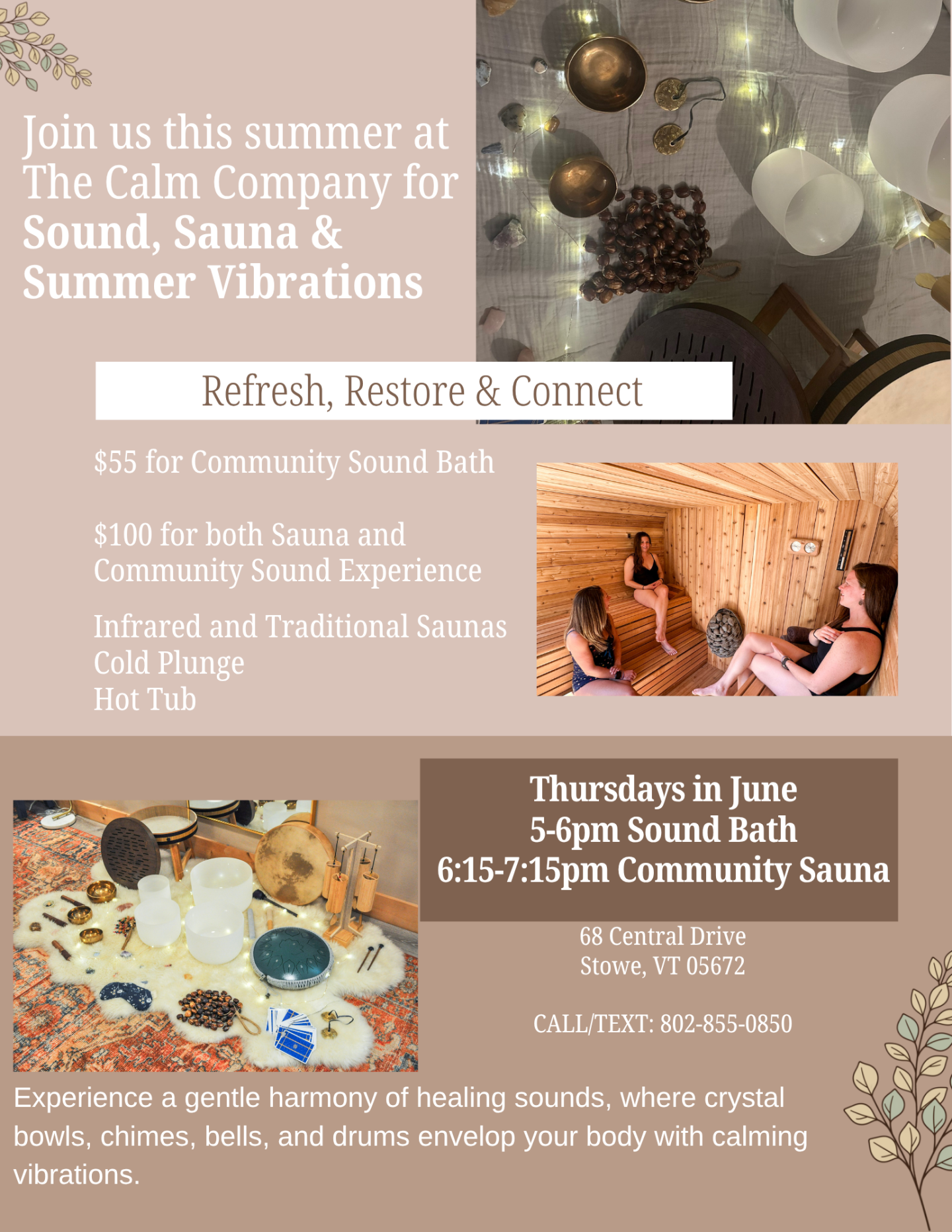 Summer sauna and sound event flyer with photos of saunas and a bowl arrangement.