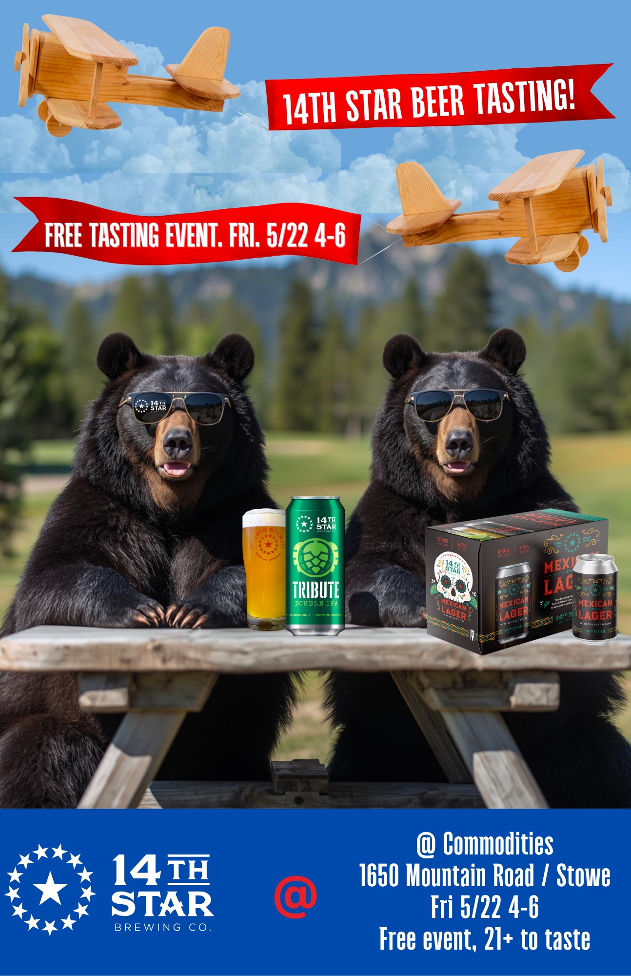 Image features two black bears sitting at a picnic table with 14th Star Brewing Company beer on the table. It's an event poster for a free tasting on May 22 from 4-6 at Commodities Natural Market in Stowe