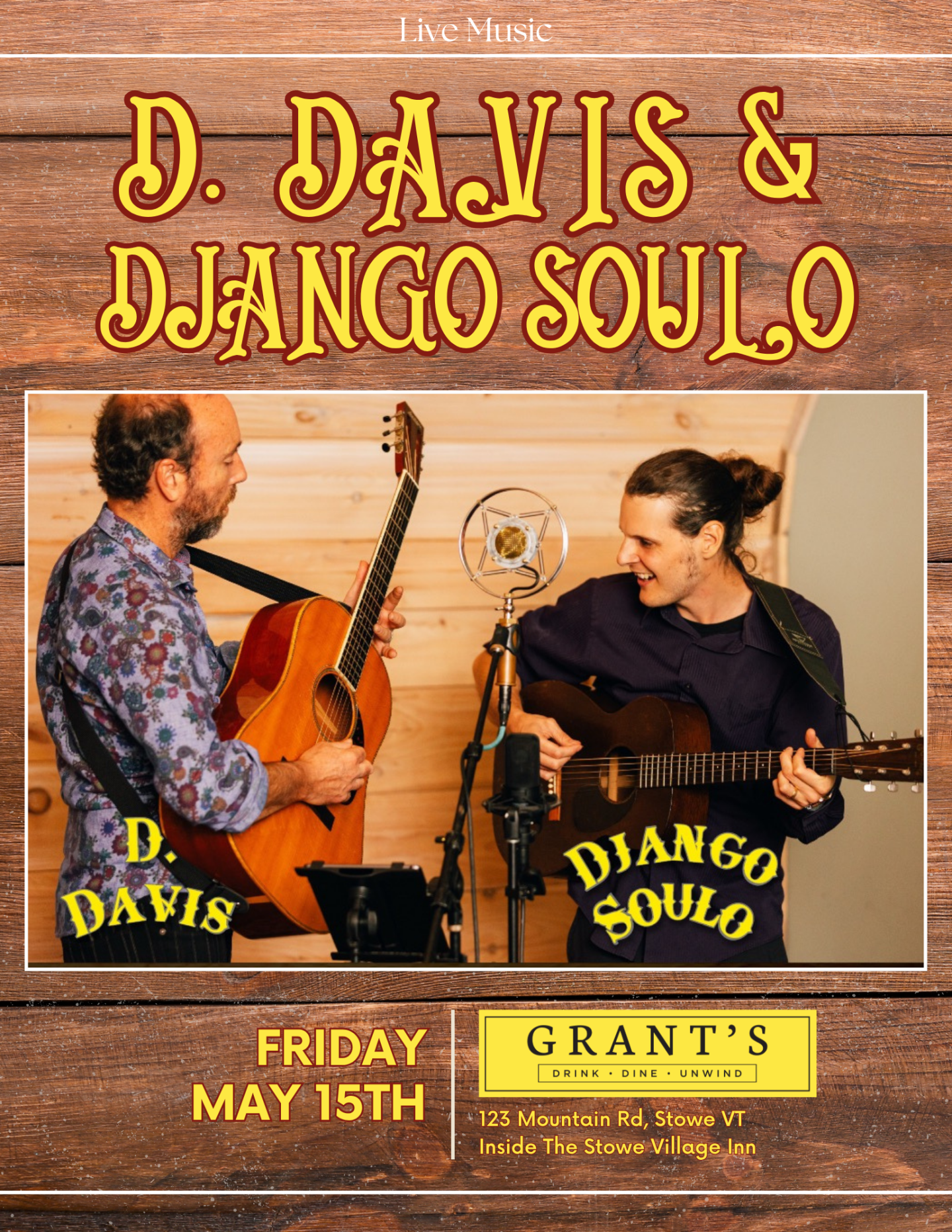 Musicians smiling with guitars on a wooden stage, concert details below.