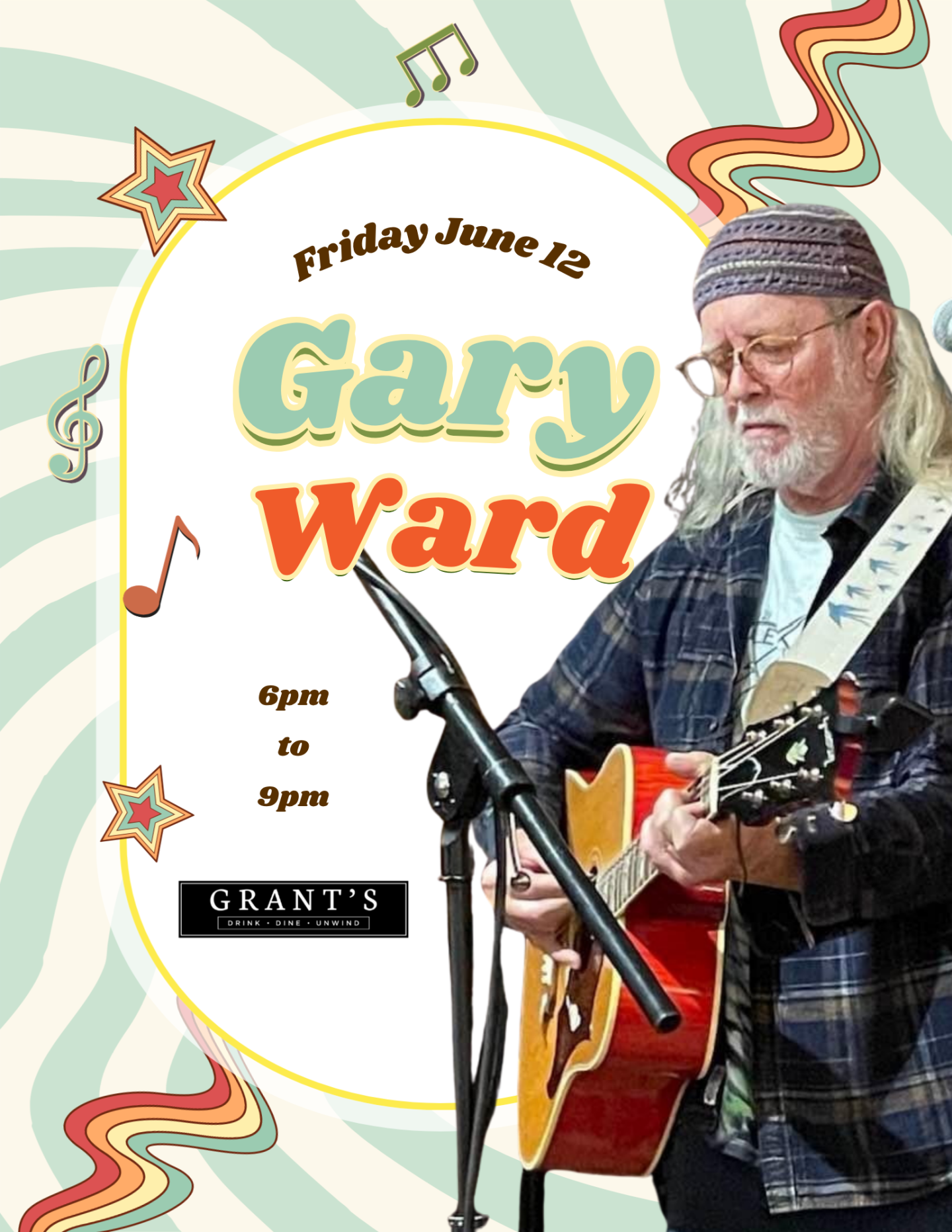Musician playing acoustic guitar on a colorful retro-themed poster.