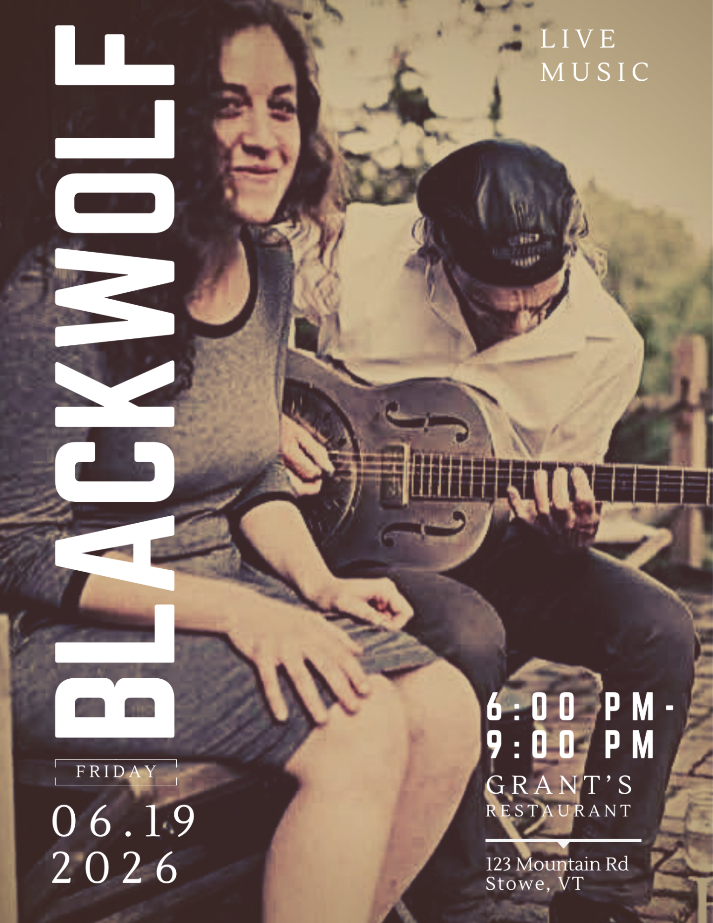A man plays guitar beside a smiling woman, vintage filter.