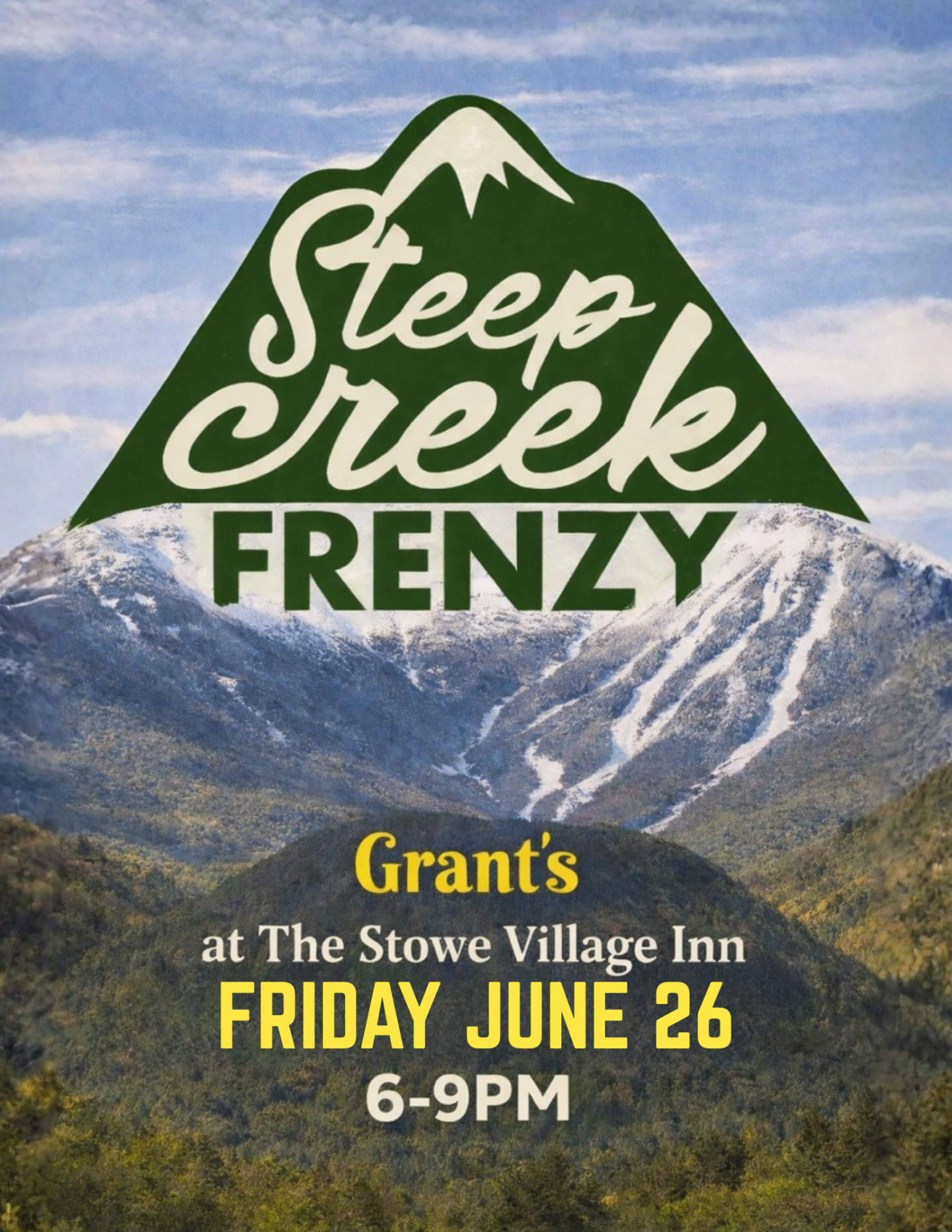 Steep Creek Frenzy logo over a mountain landscape.