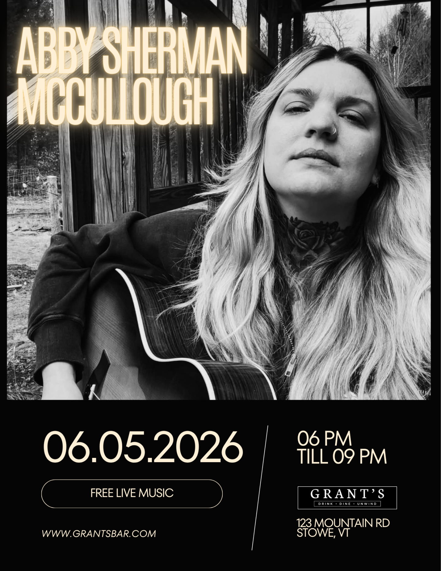 Black and white poster of a woman with a guitar. Event details below.